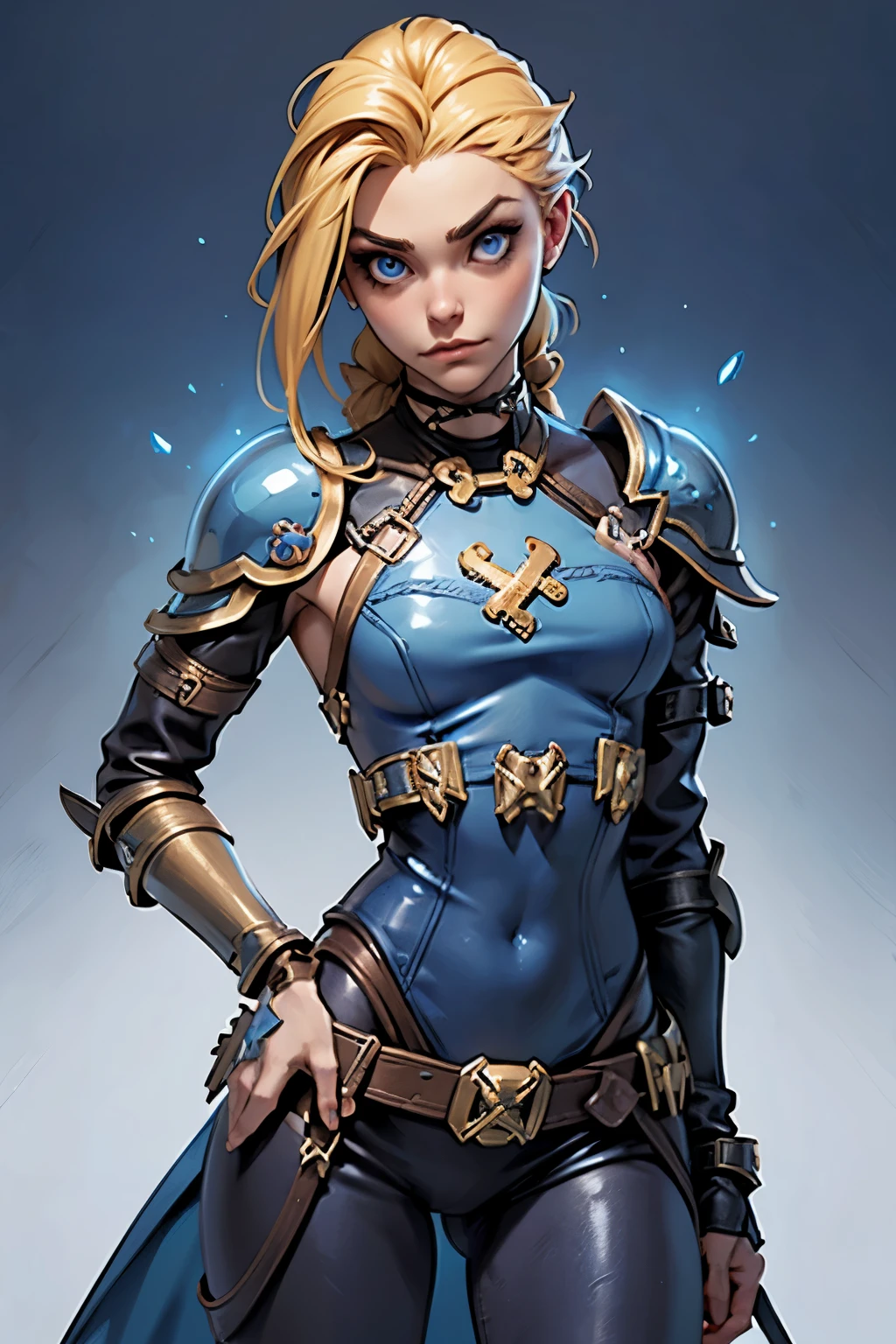 (best quality,masterpiece:1.2), expressive eyes, perfect face, 1 girl, jinx, blond hair, blue eyes, bow, fantasy, leather armor, blue clothes, archer