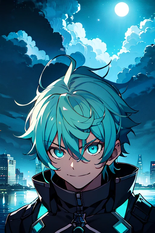 masterpiece, best quality, ((((1boy)))), (colorful),(finely detailed beautiful eyes and detailed face),cinematic lighting,extremely detailed 8k wallpaper, sky, cloudy_sky, building, moonlight, moon, night, (dark theme:1.3), light, fantasy, (((Only one character))), 1 boy, male, cyan hair, cyan eyes, Sinon Gun Gale Online, Final Fantasy XIV, Serene expression, ((Sinon)) ((Smile))