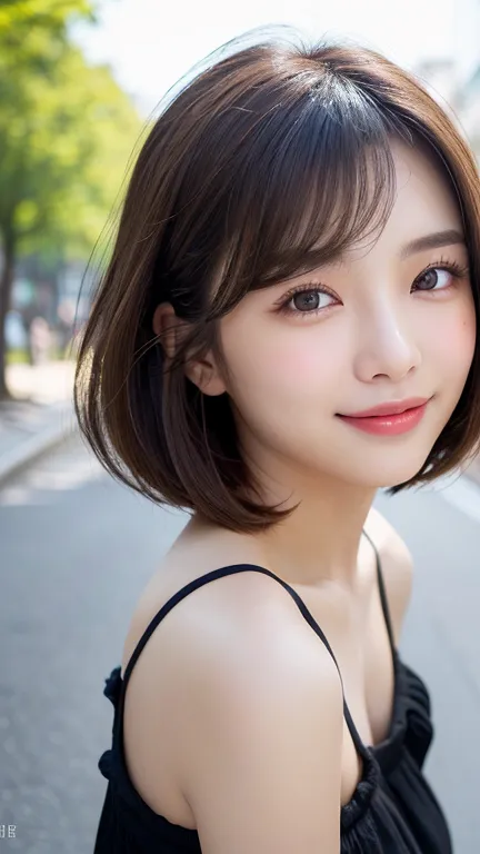 (((Definitely shoulder length, short, Straight Brown Bob)))、(((She has a summer park in the background、Posing like a model in a ...