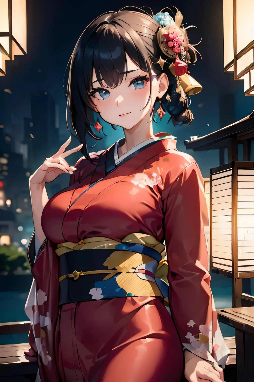 (((Gorgeous courtesan kimono:1.7))),(Beautiful mature woman dressed as an aristocrat&#39;s courtesan),(((A flashy and extravagant courtesan&#39;s costume:1.3))),(Glamorous Jar)(Gorgeous floral hair ornament),Gorgeous floral braided top knot,(Very delicate and beautiful hair,),(((Accentuate larger breasts:1.3))),Fireworks shooting up into the sky against the backdrop of the riverbank at night.、Cute round face,Detailed clothing features,Detailed hair features,Detailed facial features,Looking at the camera,(Dynamic Angle),(Dynamic and sexy pose),Cinematic Light,(Ultra-high resolution output images,Written boundary depth,Intricate details,Light and shadow contrast、The subject appears three-dimensional,) ,Single-lens reflex camera, (Realistic:1.3),(8K quality,Anatomically correct facial structure,),(Sea Art 2.0 mode:1.3),(Picture Mode Ultra HD,)