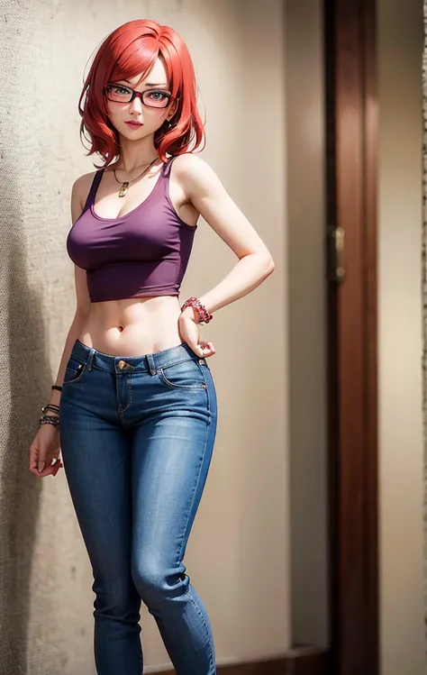 nishikino maki, purple eyes, red hair, lipstick,red tank top, denim pants,low waist pants, open pants, glasses, bracelet, cleava...