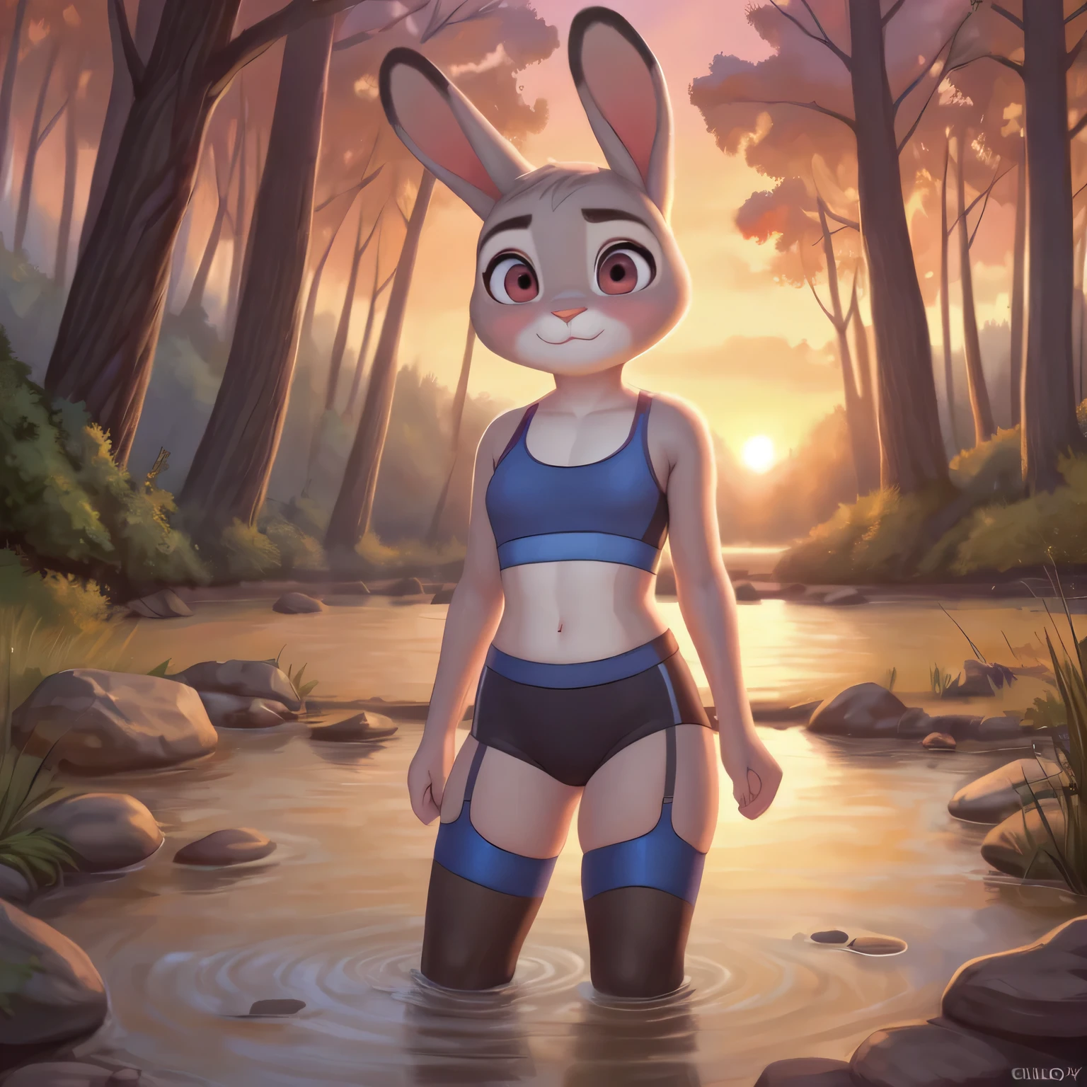 by chelodoy,((obra maestra)) ((4k ultra calidad)) ((antecedentes detallados)) Judy Hopps bañándose en el río, atardecer, bosque, Mirando al espectador, joven, medias, senos pequeños, deportes bien, pantalones cortos ajustados, expresión avergonzada