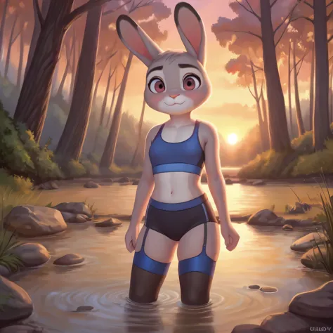 by chelodoy,((masterpiece)) ((4k ultra quality)) ((detailed background)) Judy Hopps bathing in river, sunset, forest, looking on...