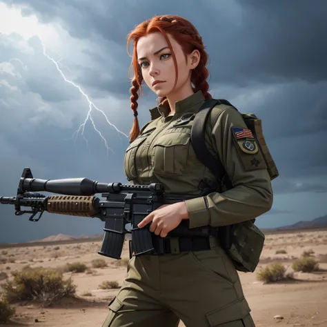 a special forces girl in a khaki uniform with a tactical loadout and an AK-47 in her hands, fighting stance, strong wind, metal ...