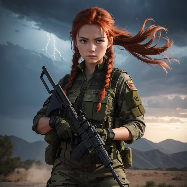 ein Special Forces Mädchen in einer Khaki-Uniform mit einer taktischen Ausrüstung und einem in ihren Händen, Kampfhaltung, starker Wind, Glanz aus Metall, professionelles Foto, heuristische Granularität, ganz nah dran, ein Sturm, rote Haare in Zöpfen
