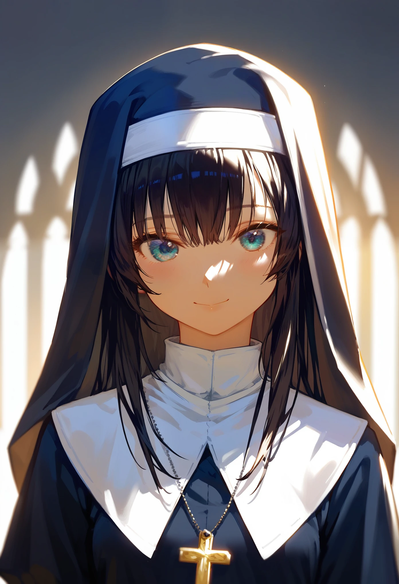 masterpiece, best quality, upper body, score_9, score_8_up, score_7_up, 1girl, solo, black hair, long hair, long bangs, neck length bangs, dark blue eyes, small smile, looking at viewer, portrait, closed mouth, pale skin, small breasts, standing, upper body, nun, nun headwear, young girl, gray background, best quality, backlighting

