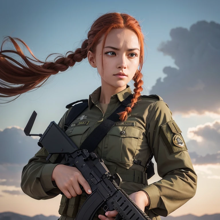 ein Special Forces Mädchen in einer Khaki-Uniform mit einer taktischen Ausrüstung und einem in ihren Händen, Kampfhaltung, starker Wind, Glanz aus Metall, professionelles Foto, heuristische Granularität, ganz nah dran, ein Sturm, rote Haare in Zöpfen