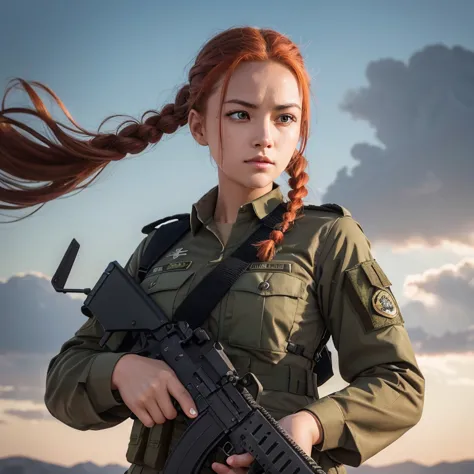 a special forces girl in a khaki uniform with a tactical loadout and an AK-47 in her hands, fighting stance, strong wind, metal ...