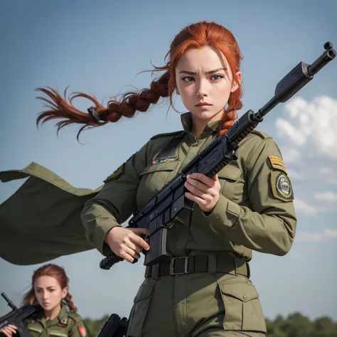 a special forces girl in a khaki uniform with a tactical loadout and an ak-47 in her hands, fighting stance, strong wind, metal ...