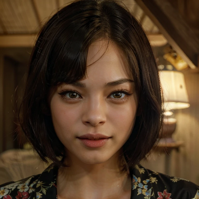 Kristin Kreuk, Top Quality, Masterpiece, High Definition, 1girl, Beautiful and Perfect Face, Sticking out tongue, Bob Cut, Japanese Clothing,Kimono, Intricate Details, Cinematic Feel, 8K, Very Detailed  