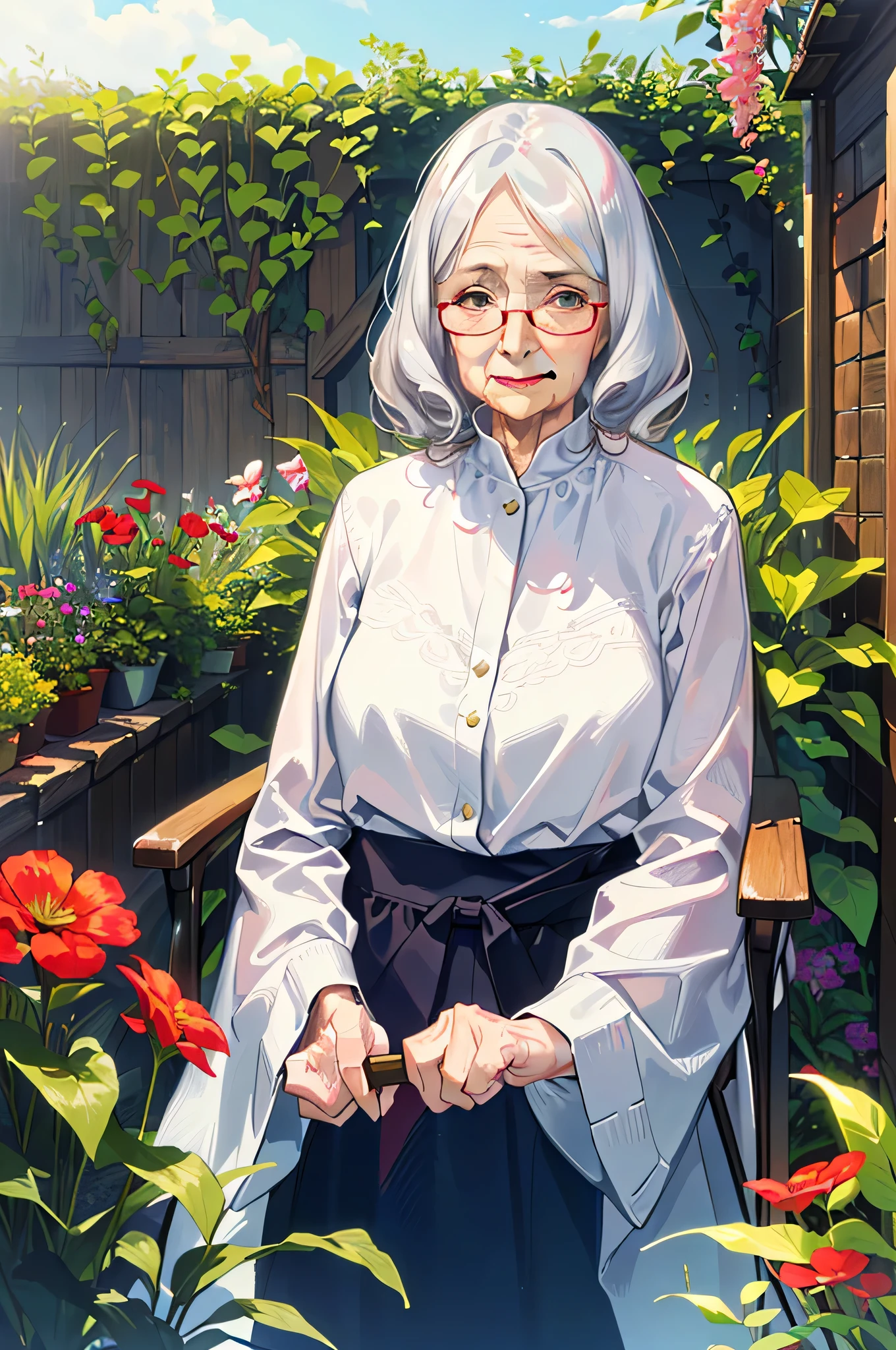 Anime character sitting in a garden with flowers and plants - SeaArt AI