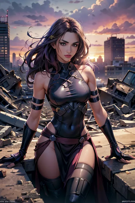 Keira Knightley、Torn Suit、I'm wearing a skirt、masterpiece, 1 Girl, マーベルのサイロックとしてbeautiful女性, Psylocke Cosplay from X-Men、Purple ...