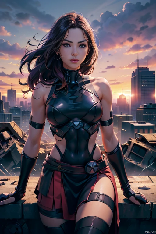 Daisy Ridley、Torn Suit、I'm wearing a skirt、masterpiece, 1 Girl, マーベルのサイロックとしてbeautiful女性, Psylocke Cosplay from X-Men、Purple Suit、Fine and delicate features, Futuristic New York Background, Science fiction, blonde, Super Heroine, heroic, Perfect balance, photograph, 超Realistic, masterpiece, 8k, large format camera, 110mm lens, Dynamic Lighting, Rim lighting、Official Art, extremely detailed CG 8K wallpaper, perfect Lighting, De color, bright_amount_method_Light, piel bright, (masterpiece:1.0), (Better_quality:1.0), Ultra-high resolution, 4k , Very detailed, Director of Photography, 8K, HDR, Altas ResoLightones, (Confused:1.2), Kodak Portrait 400, Film Grain, Blurred Background, (Bokeh:1.2), Lens flare, (Vibrant_color:1.2), プロのphotograph撮影, (beautiful_method:1.5),More detailed 8K.Unreal Engine:1.4,Hmm.,La Better calidad:1.4, Realistic:1.4, Skin temperature:1.4, masterpiece:1.8,masterpiece, Better calidad,Object Object], (Detailed facial features:1.3),(Anti-sedentary apocalyptic destroyed city:1.4), (Apocalyptic Sunset:1.4)