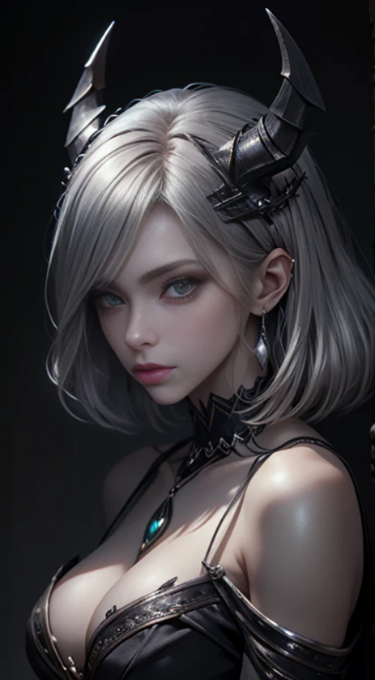 Ancient, noble demon, Vivian, silver hair, rings, female creature, prehistoric era, heiress, Extremely realistic shading, masterpiece, extremely detailed, photorealistic, perfect lighting,