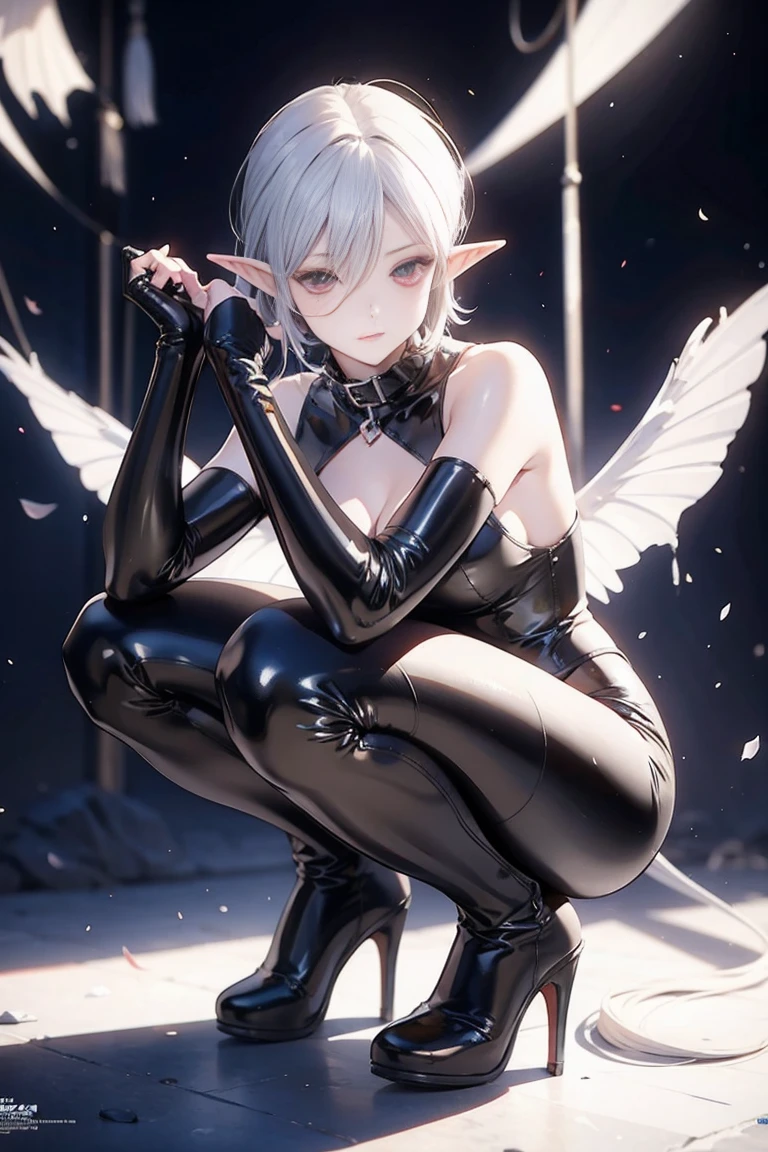 One, super good photo, Unreal Engine 5 8K UHD portrait of an evil gothic beautiful girl, sexual, elf, short white hair, Red eyes, squatting in a tight black latex outfit, sensual pose, sleek black jumpsuit, Black cult character, Smooth black leather, black body, PVC, a little black, futuristic glossy latex suit, Rubber suit, Rubber belts, collar, rubber glove, rubber high boots, cuffs for arms and legs, Best quality, masterpiece, official art, Unified Wallpaper 8K, Super detailed, sharp focus, dynamic pose, Body parts, no extra limbs, It is anatomy