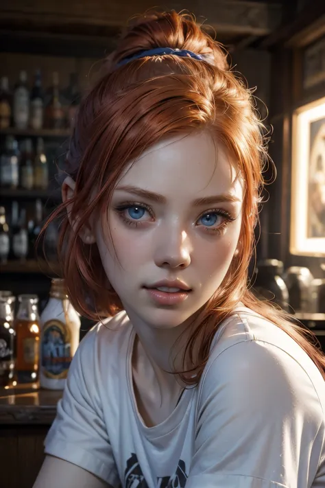 light mid redhead hair with ponytail , vibrant blue eyes, white pale skin, portrait, rocker clothes, pub scene, High detail RAW ...