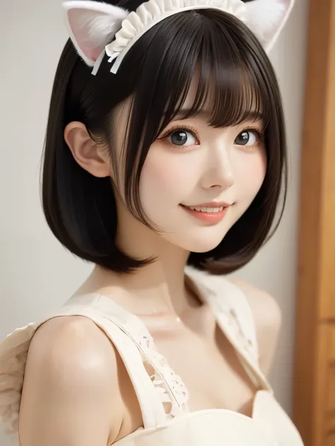 Beautiful and delicate portrait of a playful cute girl with boyish short hair, Black Hair, white Maid clothes、Cat ears on the head、  Mischievous Smile,  full body shot , dancing ,(Highest quality become familiar with:1.2), realistic, 8k eh, High resolution...