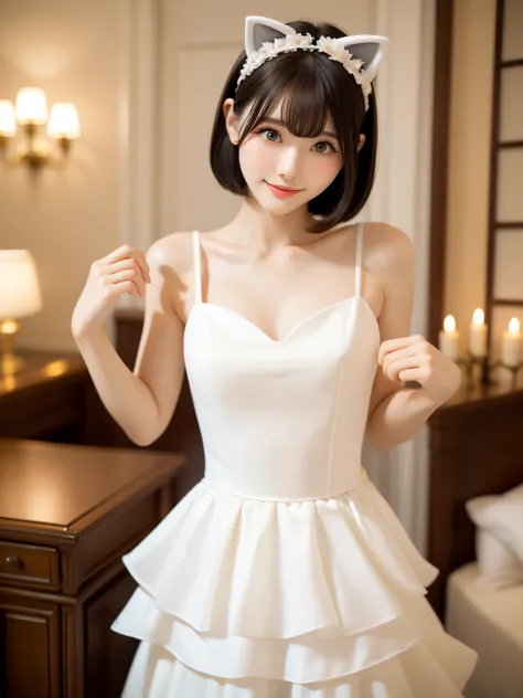 Beautiful and delicate portrait of a playful cute girl with boyish short hair, Black Hair, white Maid clothes、Cat ears on the head、 Emerald Green Sea, Mischievous Smile, Dancing Petals, full body shot , dancing ,(Highest quality become familiar with:1.2), ...