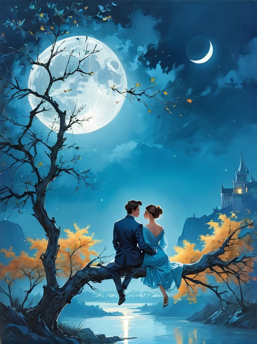Romantic modern style，night，Backlight，A man and a woman sitting on a tree branch，There is a full moon behind，Alexander，repeat，Fresh colors，Soft colors，Diode lamp，Concept art style，Extremely complex details，Clear distinction between light and dark，layered，Ultra HD