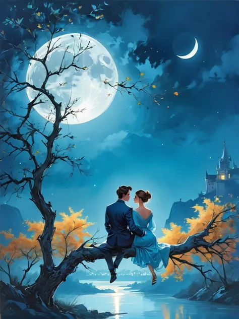 Romantic modern style，night，Backlight，A man and a woman sitting on a tree branch，There is a full moon behind，Alexander，repeat，Fr...