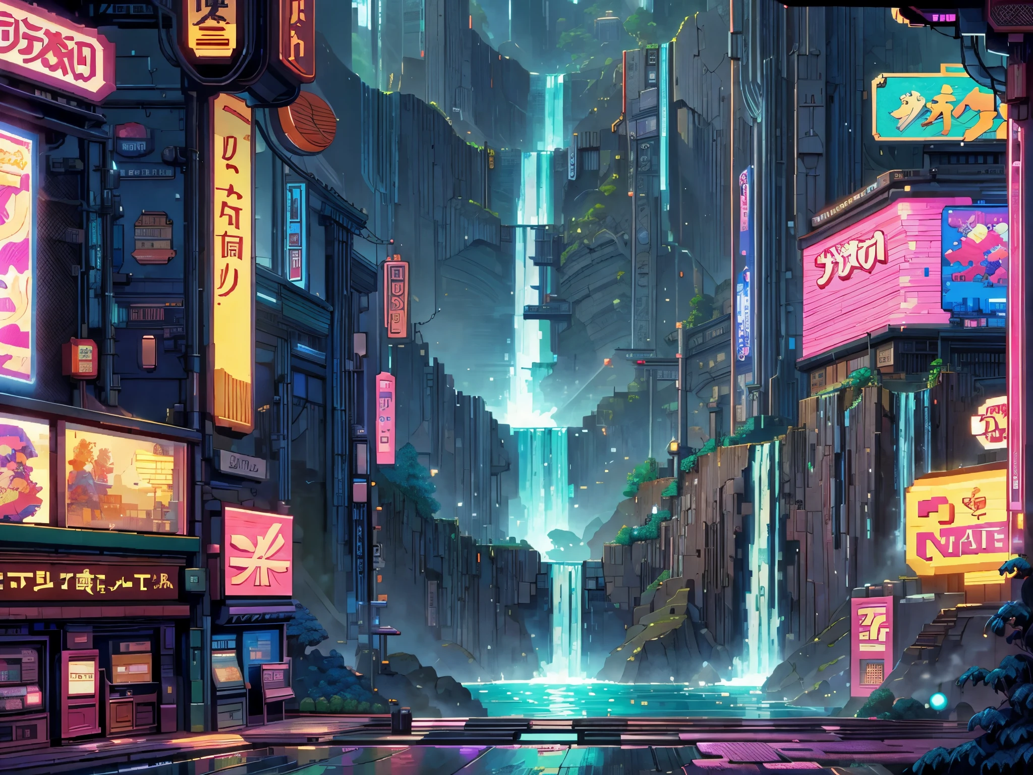 a large neon-lit video arcade street with many arcade cabinet machines along the side. There is a mountain and waterfall in the background down the street, japanese pixel art style