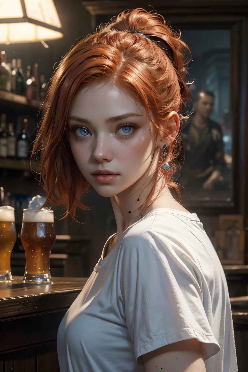 light mid redhead hair with ponytail , vibrant blue eyes, white pale skin, portrait, rocker clothes, pub scene, High detail RAW colored art, (detailed skin, skin texture), (muscle), intricate details, fine details, hyperdetailed, ray tracing, subsurface scattering, diffuse soft lighting, red and blue spotlight, by Jeremy Mann, Greg Manchess, Antonio Moro, trend at ArtStation, trend at CGSociety, Intricate, High Detail, Sharp focus, dramatic and photorealistic painting art by midjourney, bokeh in the background, Pub,  best quality, masterpiece, halfbody portrait, pub ambient, look at the viewer, white t-shirt, blue jeans pants, neon bar, country pub scenario, beer,