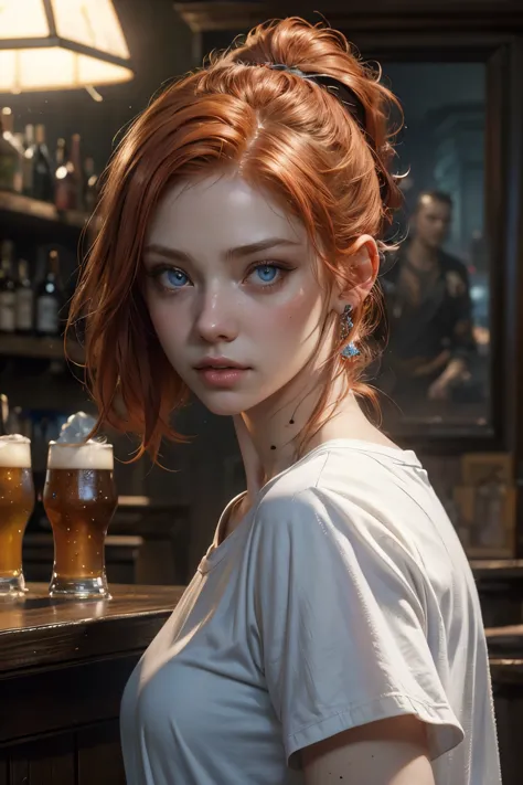 light mid redhead hair with ponytail , vibrant blue eyes, white pale skin, portrait, rocker clothes, pub scene, High detail RAW ...