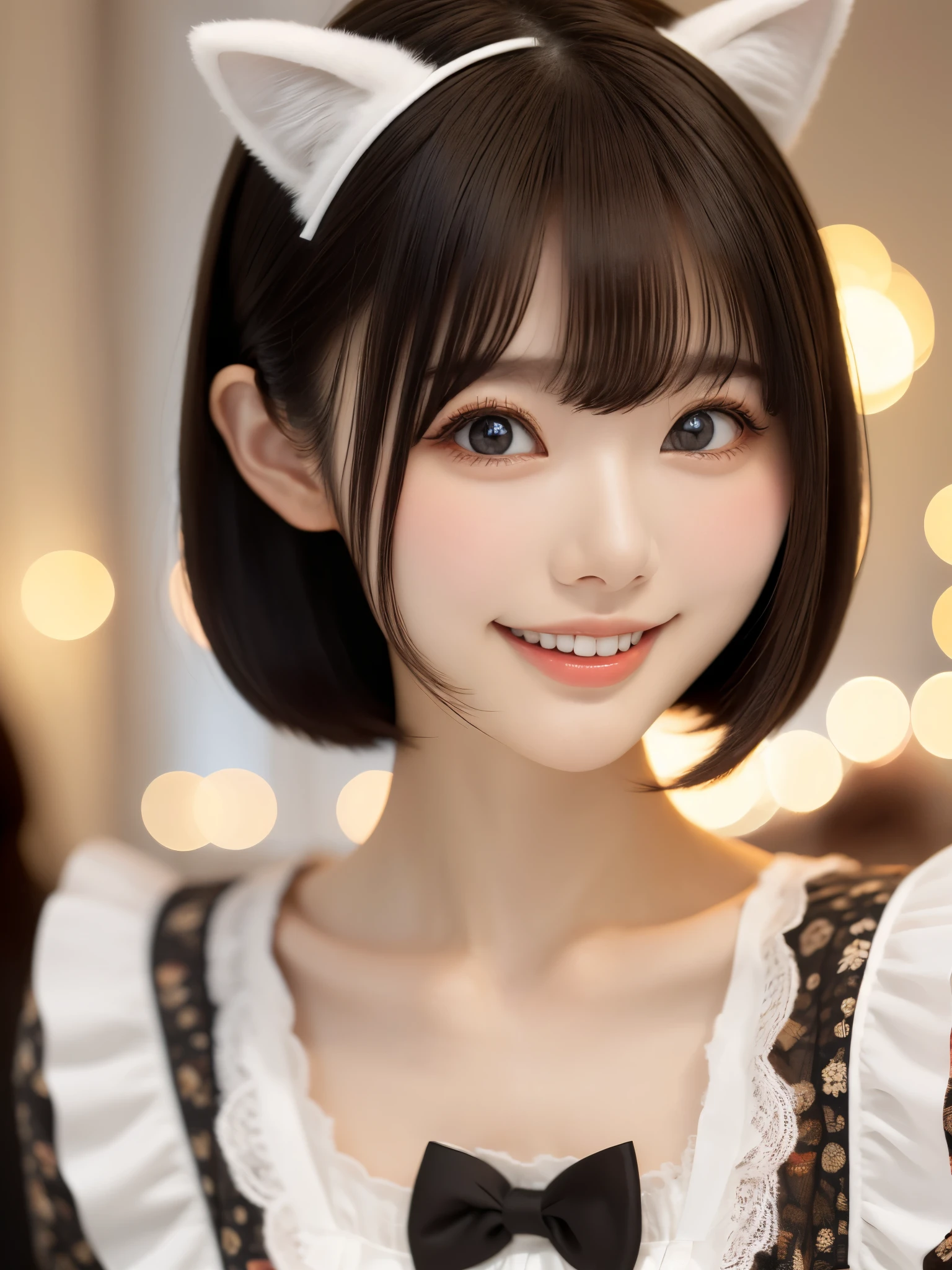 (highest quality、table top、8K、best image quality、Award-winning work)、(eye shadow:1.2)、Beautiful and delicate portrait of a playful cute girl with boyish short hair, Mischievous Smile, ,Black Hair, white Maid clothes、Cat ears on the head、perfect makeup、long eyelashes、Super high-definition sparkling eyes、ultra high definition hair、ultra high resolution glossy lips、Super high resolution perfect teeth、Super high resolution cute face、brown hair、look at me and smile、[clavicle]、(accurate anatomy:1.1)、Luxury  hotel、(The most moody warm lighting:1.2)、blurred background、