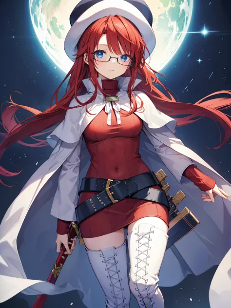 summonnightaty, aty, long hair, blue eyes, red hair, beret, hat, glasses,
BREAK long hair, thighhighs, hat, dress, boots, glasse...