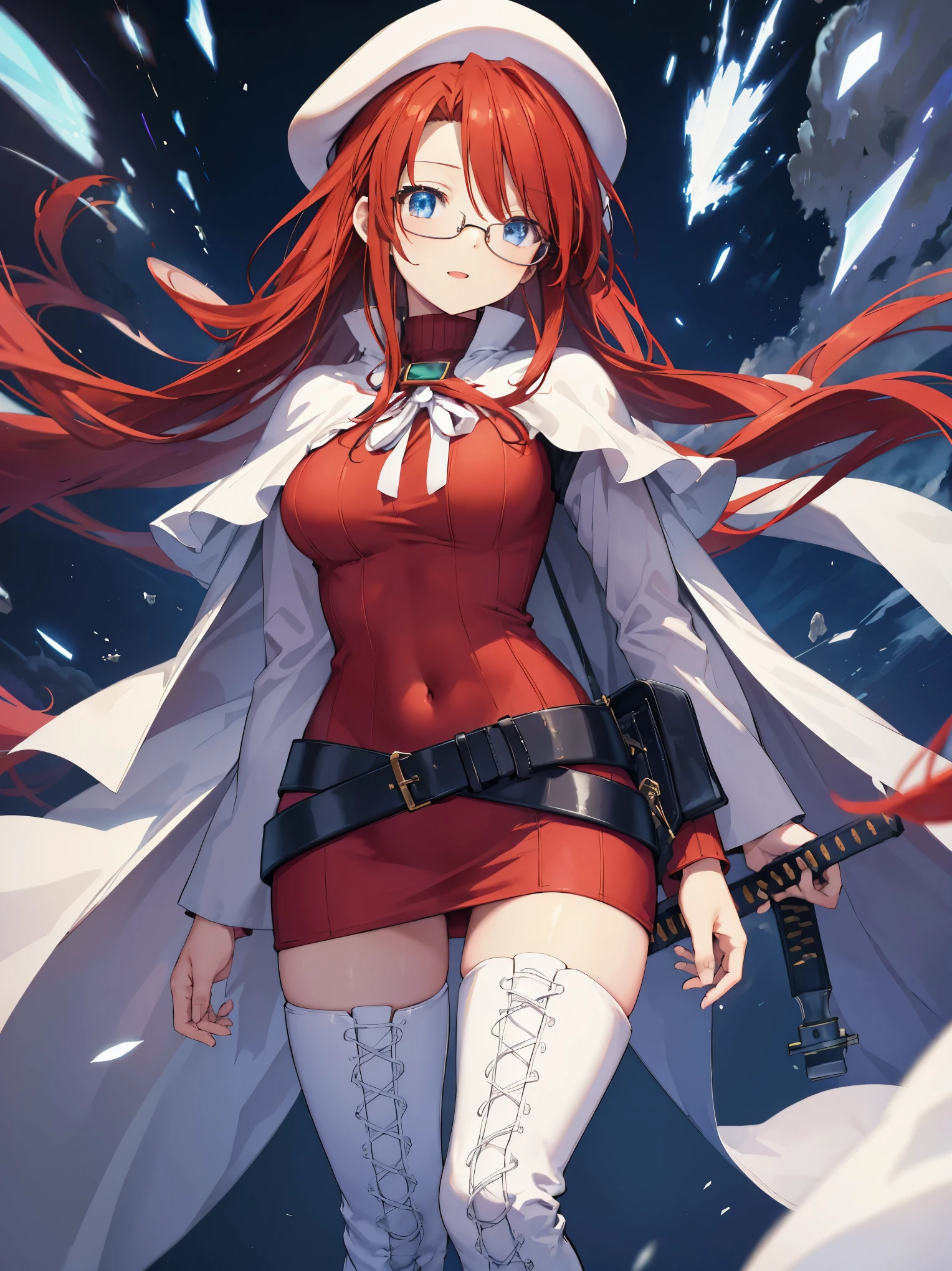 summonnightaty, aty, long hair, blue eyes, red hair, beret, hat, glasses,
BREAK long hair, thighhighs, hat, dress, boots, glasses, belt, cape, sweater, zettai ryouiki, beret, thigh boots, white footwear, ribbed sweater, loose belt,solo,
BREAK outdoors, fantasy,on_a_ship,
BREAK (masterpiece:1.2), best quality, high resolution, unity 8k wallpaper, (illustration:0.8), (beautiful detailed eyes:1.6), extremely detailed face, perfect lighting, extremely detailed CG, (perfect hands, perfect anatomy),covered_nipples,covered_navel,light_smile ,(half_eyes:1.4),long_sword,edge,armpit,sleepy,dynamic_standing,red_sweater,apart_legs,magical_effect,pulmp,big_tits,light_open_mouth,prepare_a_sword