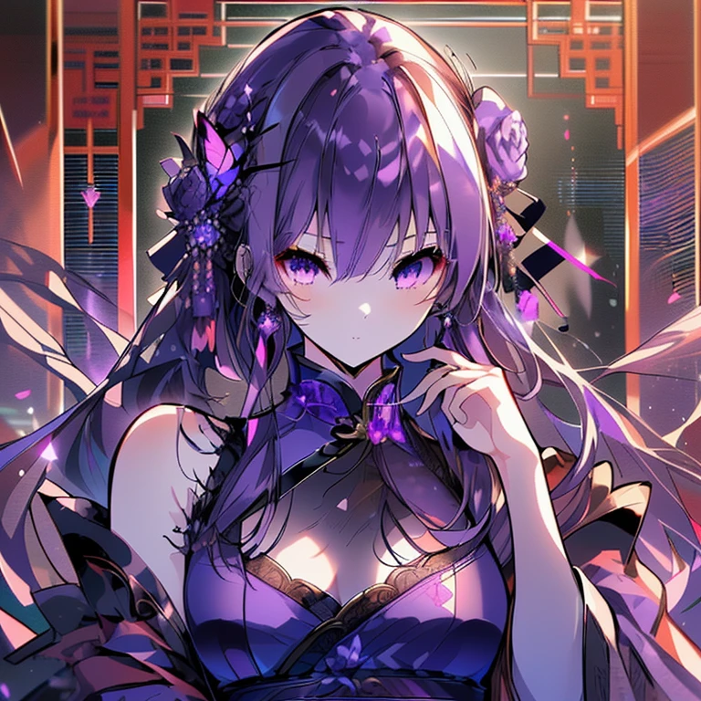 (High resolution,highest quality,masterpiece,Super detailed,wonderful,Attention to detail)Purple Hair,Long Hair,Straight hair,Purple Eyes,Sharp Eyes,Earrings,butterfly,China dress,Cinema Lighting,Rose,lanthanum,Look to the side,gorgeous,gem,thought,View your viewers