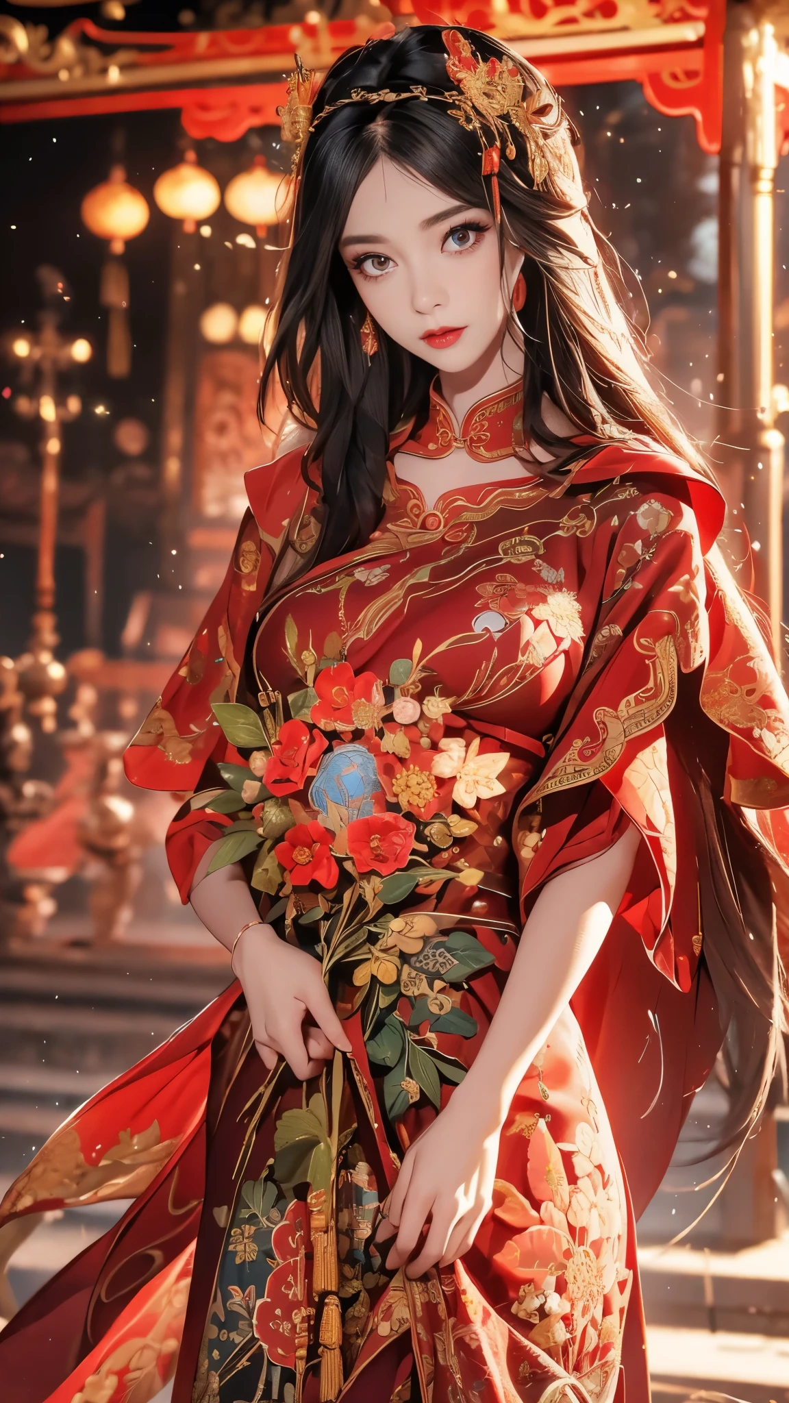 1 female，20 years old，center， She has long black hair，Red lips，Perfect thighs，(Keep your eyes on the camera:1.5)，stand up，night，wooden pavilion，Chinese Palace，From the front， curls，Hair flying， Gloomy sky，（（（masterpiece），（Highly detailed CG Unity 8k wallpaper），best quality，Movie Lighting，Detailed background，Beautiful right eye pupil，（Very delicate and beautiful），（Beautiful and detailed description of the eyes），Extremely detailed，masterpiece，）），high resolution，Extremely detailed），queen of china（apparel：，Gold wire embroidery，Red cheongsam，Lace，Red cape），
