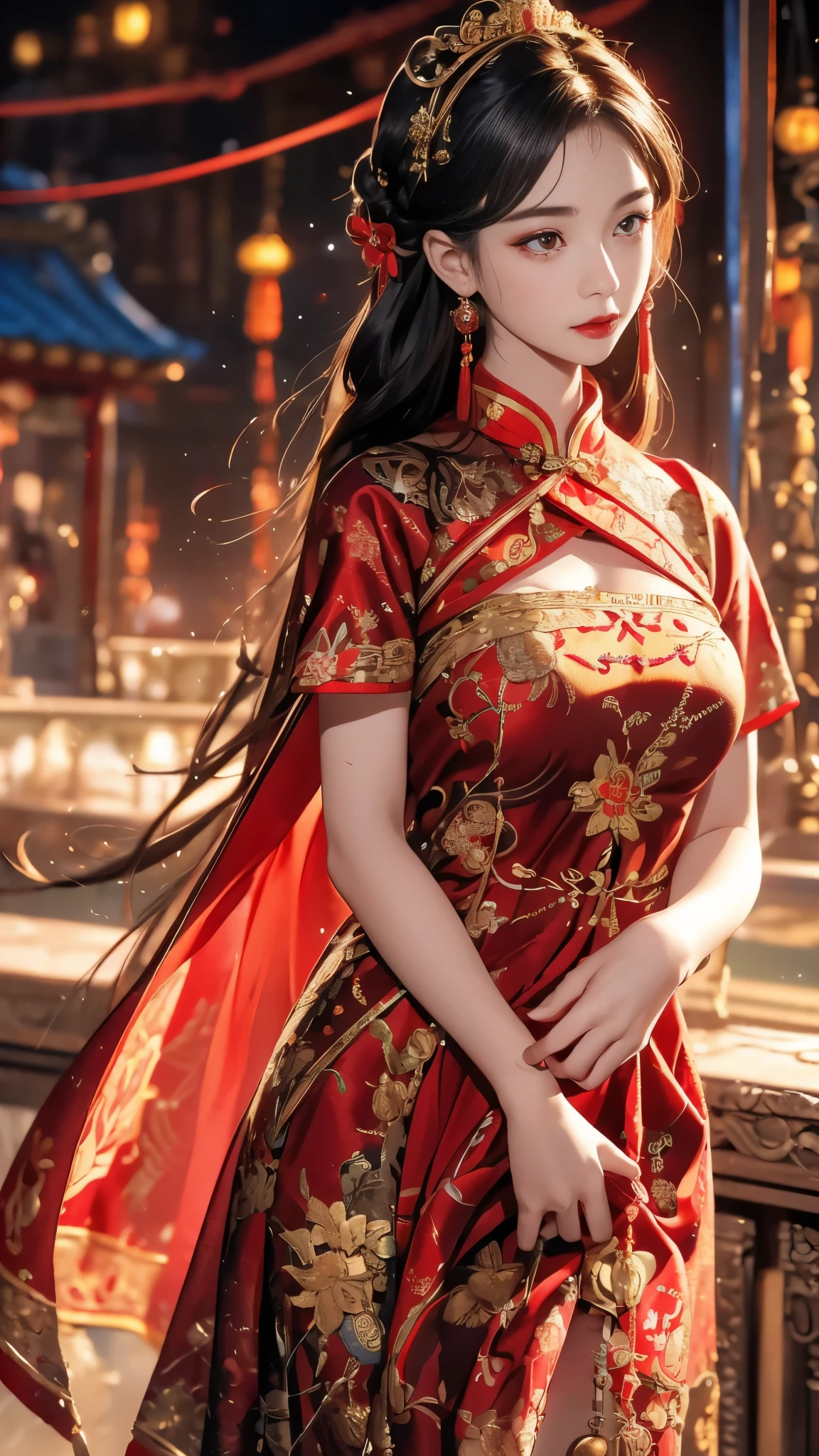 1 female，20 years old，center， She has long black hair，Red lips，Perfect thighs，(Keep your eyes on the camera:1.5)，stand up，night，wooden pavilion，Chinese Palace，From the front， curls，Hair flying， Gloomy sky，（（（masterpiece），（Highly detailed CG Unity 8k wallpaper），best quality，Movie Lighting，Detailed background，Beautiful right eye pupil，（Very delicate and beautiful），（Beautiful and detailed description of the eyes），Extremely detailed，masterpiece，）），high resolution，Extremely detailed），queen of china（apparel：，Gold wire embroidery，Red cheongsam，Lace，Red cape），
