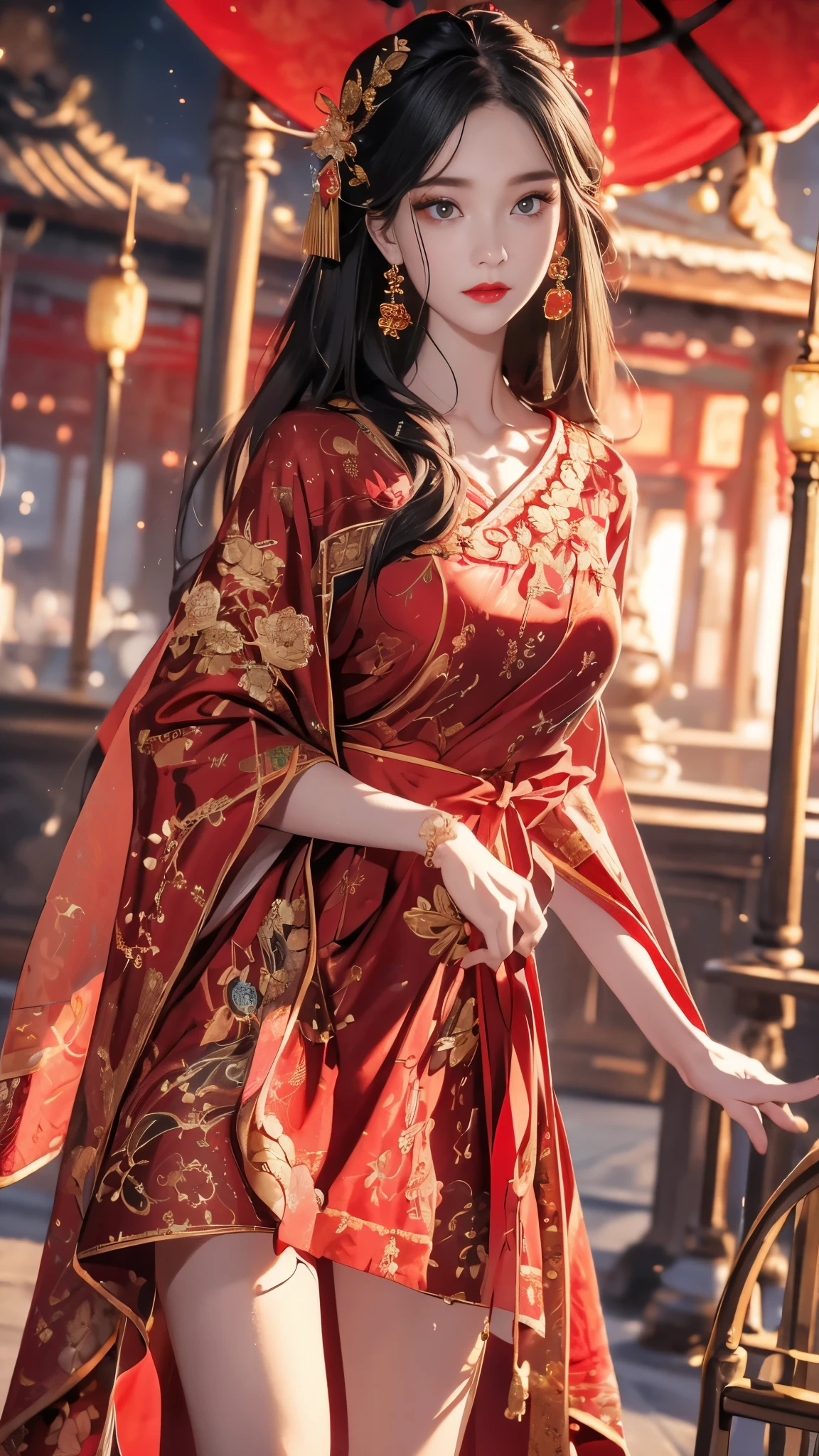 1 female，20 years old，center， She has long black hair，Red lips，Perfect thighs，(Keep your eyes on the camera:1.5)，stand up，night，wooden pavilion，Chinese Palace，From the front， curls，Hair flying， Gloomy sky，（（（masterpiece），（Highly detailed CG Unity 8k wallpaper），best quality，Movie Lighting，Detailed background，Beautiful right eye pupil，（Very delicate and beautiful），（Beautiful and detailed description of the eyes），Extremely detailed，masterpiece，）），high resolution，Extremely detailed），queen of china（apparel：，Gold wire embroidery，Red cheongsam，Lace，Red cape），
