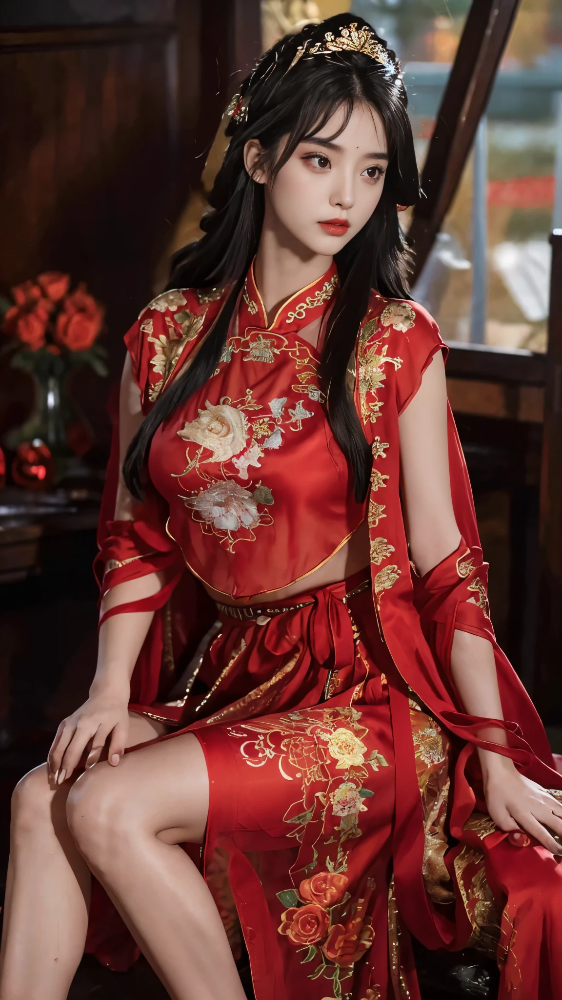 1 female，20 years old，center， She has long black hair，Red lips，Perfect thighs，(Keep your eyes on the camera:1.5)，stand up，night，wooden pavilion，Chinese Palace，From the front， curls，Hair flying， Gloomy sky，（（（masterpiece），（Highly detailed CG Unity 8k wallpaper），best quality，Movie Lighting，Detailed background，Beautiful right eye pupil，（Very delicate and beautiful），（Beautiful and detailed description of the eyes），Extremely detailed，masterpiece，）），high resolution，Extremely detailed），queen of china（apparel：，Gold wire embroidery，Red cheongsam，Lace，Red cape），
