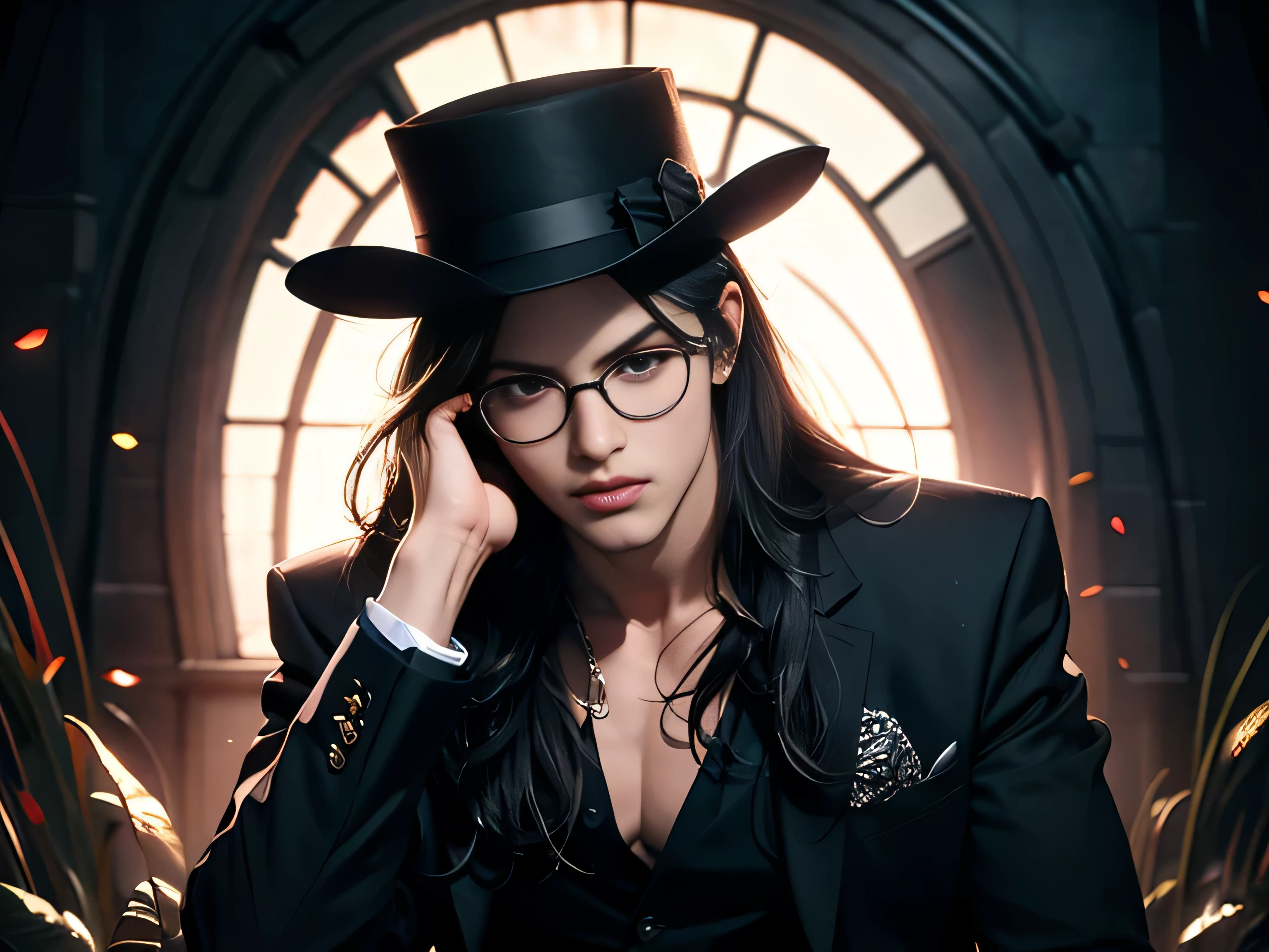 masterpiece, highest quality, (perfect full face:1.5), (high detail:1.1), (((guy))), long straight black hair, soft hair, rounded glasses, top hat, (hyper detailed red eyes), solo, (((1guy))), long hair, wearing dark luxury gothic suit, (((solo))), photoshootset detailed background, 32k, covered navel, full lips, (((curvy guy))), perfectly drawn face, cinematic lighting, white and red tetradic colors, 8k character details, high quality anime art, high quality illustration, detailed anime wallpapers