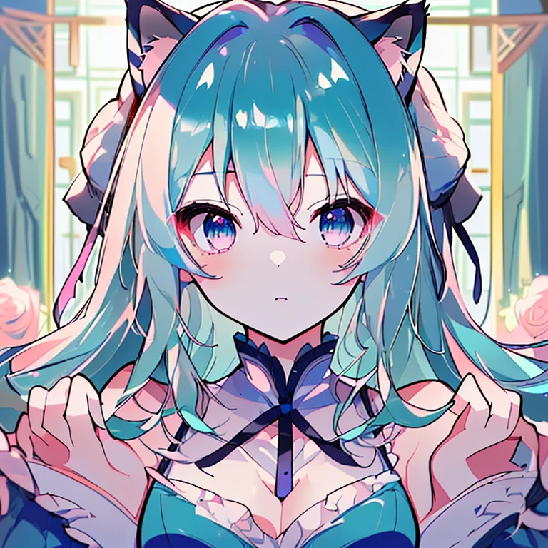 (High resolution,highest quality,Super detailed,masterpiece,wonderful,Attention to detail)Aqua Hair,Light blue hair,Long Hair,Curly Hair,Pink Eyes,rose,Lolita,Attach a ribbon,Cinema Lighting,thought,gorgeous,Cat ear,gem,Bust-up perspective