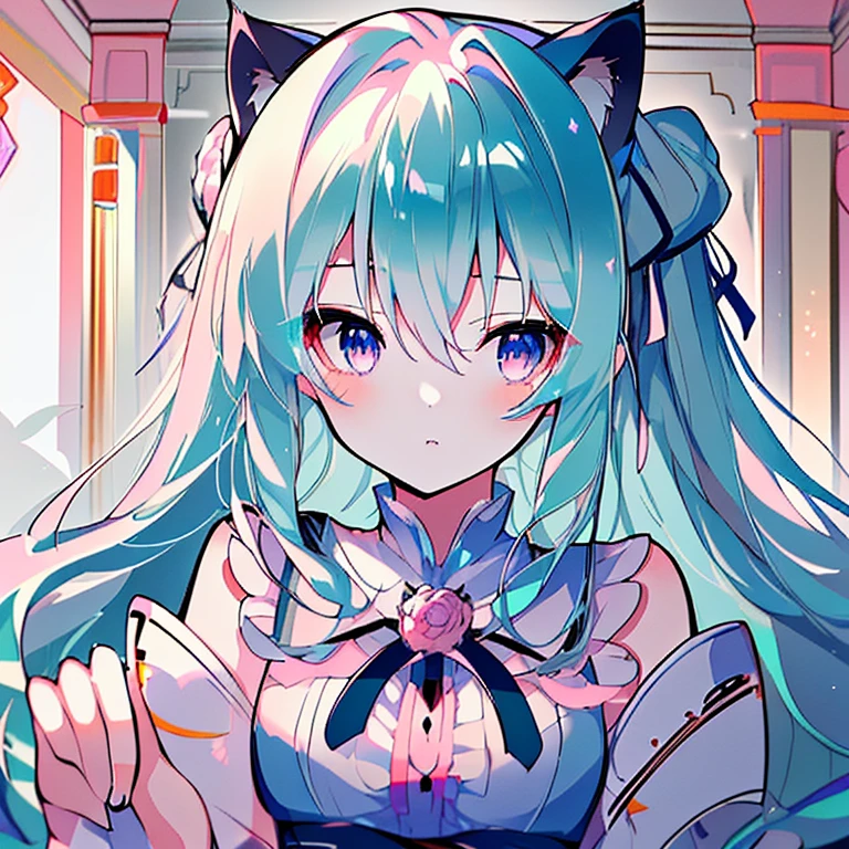 (High resolution,highest quality,Super detailed,masterpiece,wonderful,Attention to detail)Aqua Hair,Light blue hair,Long Hair,Curly Hair,Pink Eyes,rose,Lolita,Attach a ribbon,Cinema Lighting,thought,gorgeous,Cat ear,gem,Bust-up perspective