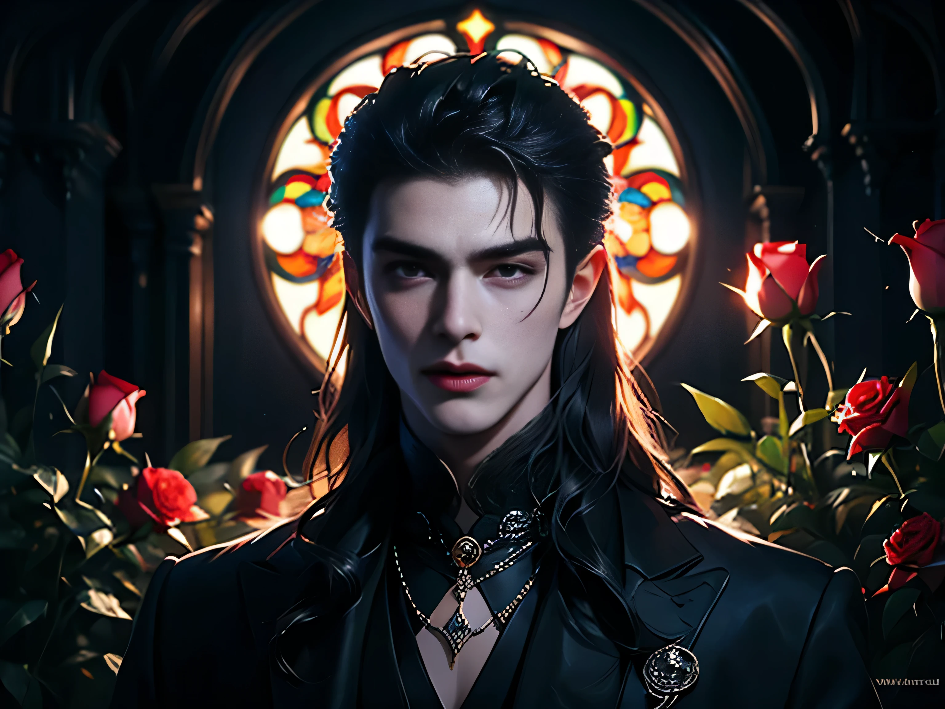 masterpiece, highest quality, perfect face, high detail, hot gorgeous Vampire man Vlad Tepes(Dracula), with long soft black hair, red eyes, puffy lips, posing against ornate baroque window, wearing dark luxury gothic suit, (((solo))), Rose Garden detailed background, realistic, covered navel, cinematic lighting, 8k character details, high quality anime art, high quality illustration, detailed anime wallpapers, detailed anime art 