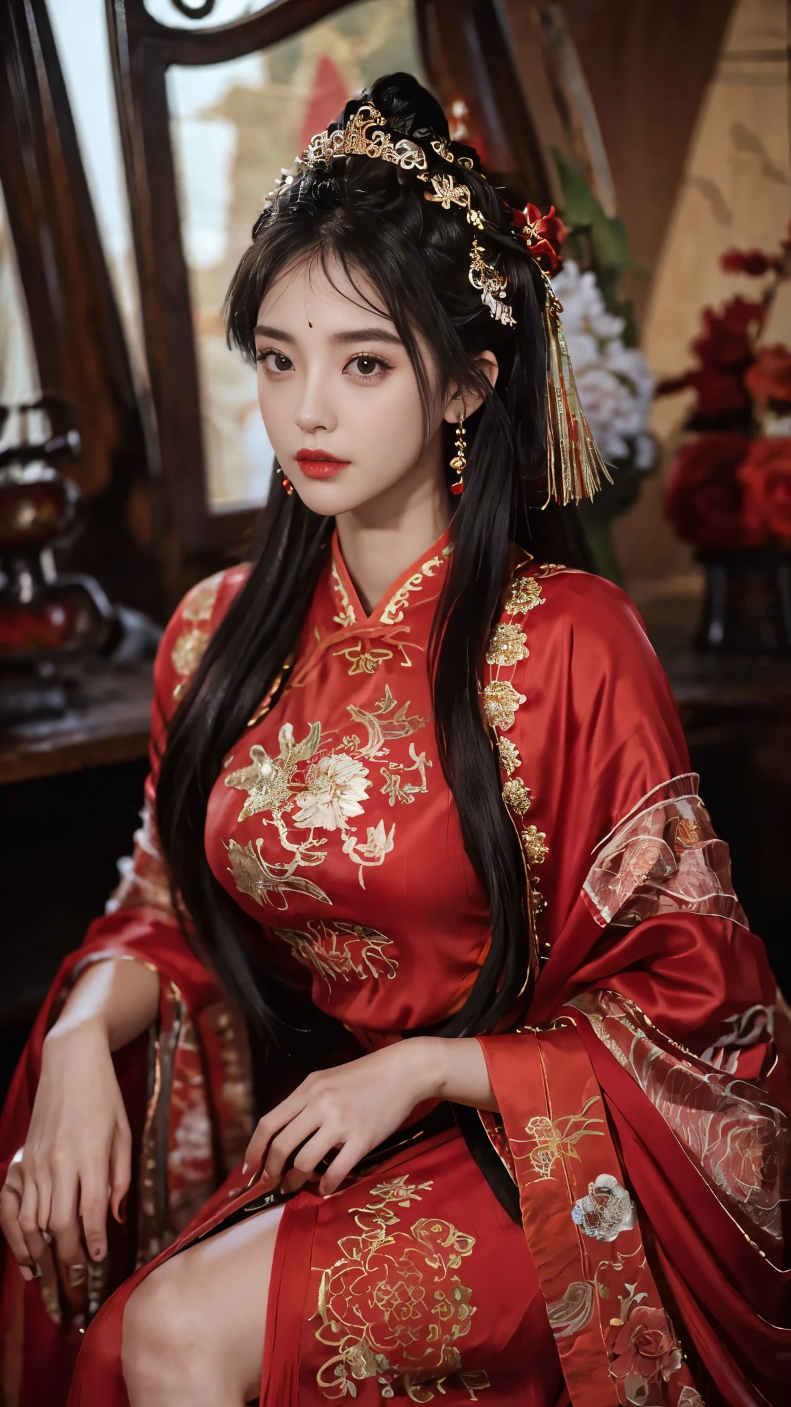 1 female，20 years old，center， She has long black hair，Red lips，Perfect thighs，(Keep your eyes on the camera:1.5)，stand up，night，wooden pavilion，Chinese Palace，From the front， curls，Hair flying， Gloomy sky，（（（masterpiece），（Highly detailed CG Unity 8k wallpaper），best quality，Movie Lighting，Detailed background，Beautiful right eye pupil，（Very delicate and beautiful），（Beautiful and detailed description of the eyes），Extremely detailed，masterpiece，）），high resolution，Extremely detailed），queen of china（apparel：，Gold wire embroidery，Red cheongsam，Lace，Red cape），
