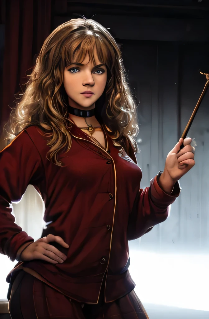 Hermione Granger. small saggy breasts. wide hips. choker. pajamas. (very high resolution, 4k, detailed face)
