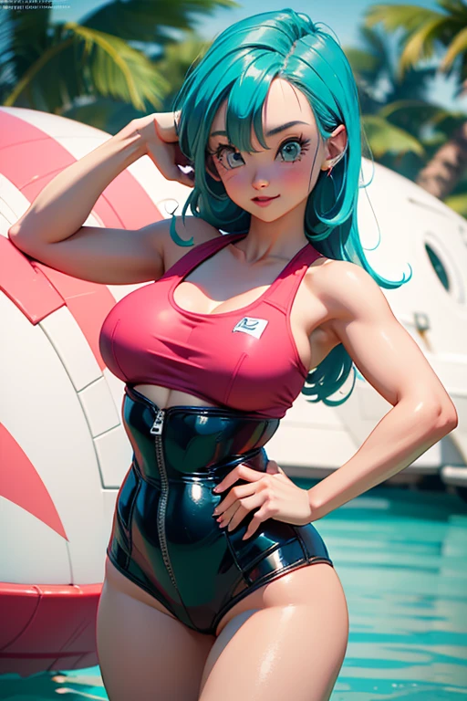 Bulma of Dragon Ball, cabello largo suelto, is wearing a Monokini red wetlook, sexy leotardo latex wetlook, cara muy detallada, cabello detallado, ropa detallada, tela detallada, cuerpo perfectamente dibujado, Hermoso rostro, labios sensuales , mejillas rosadas, delgada, pechos grandes, cadera grande, cuerpo completo:: Tiempo soleado de dia::, bikini realista, pose(brazos arriba + feliz), running sexy slowly towards the viewer high resolution commission, Pixiv 3DCG, urusei yatsura