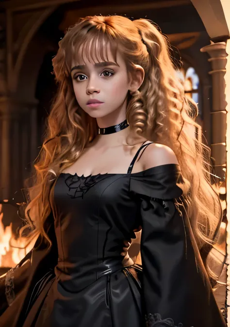 Hermione Granger. ponytail. small saggy breasts. wide hips. choker. ball gown. (very high resolution, 4k, detailed face)
