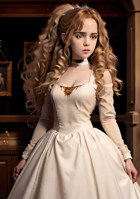 Hermione Granger. ponytail. small saggy breasts. wide hips. choker. ball gown. (very high resolution, 4k, detailed face)
