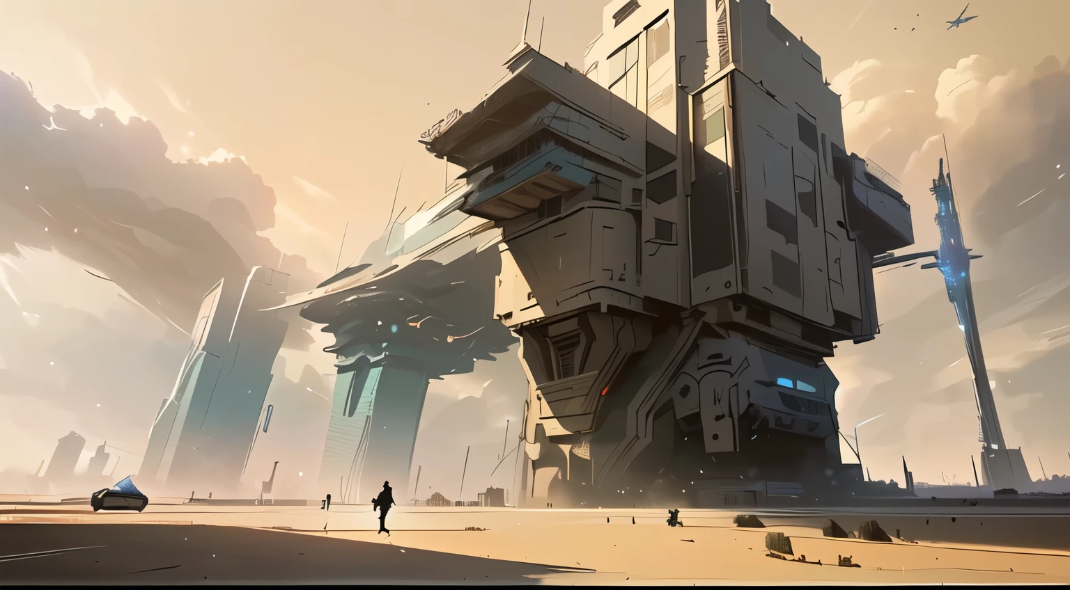 imagem desfocada de um homem caminhando em frente a um prédio alto, Bastien Grivet, Nicolas Bouvier Sparth, arte conceitual detalhada e digital, arte conceitual dramática, por Jeremy Chong, arte conceitual de ficção científica, arte conceitual de ficção científica, arte conceitual digital, Estilizado por Craig Mullins, arte conceitual suave e digital, arte conceitual de ficção científica