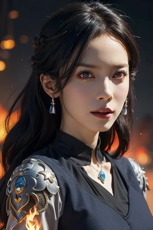 A beautiful woman with red eyes、Posing for a graceful photo with a giant black dragon, arpino,Gray Hair,Face to face, Ultra-realistic, Clear images, (highest quality,4K,8k,High range,Master Parts:1.2),Ultra-detailed,(Realistic,Realistic,Photorealistic:1.37),sexy,hide, Warrior,Ornate Armor,Fighting the Dragon,night,Burning Forest,Vibrant colors,Portrait,Sharp focus,Beautiful and fine details,Beautiful lip detail,Highly detailed eyes and face,Long eyelashes,Bright sword light,Spooky atmosphere,Burning Destruction,Brave pose,Exquisite details,Majestic,strength and power