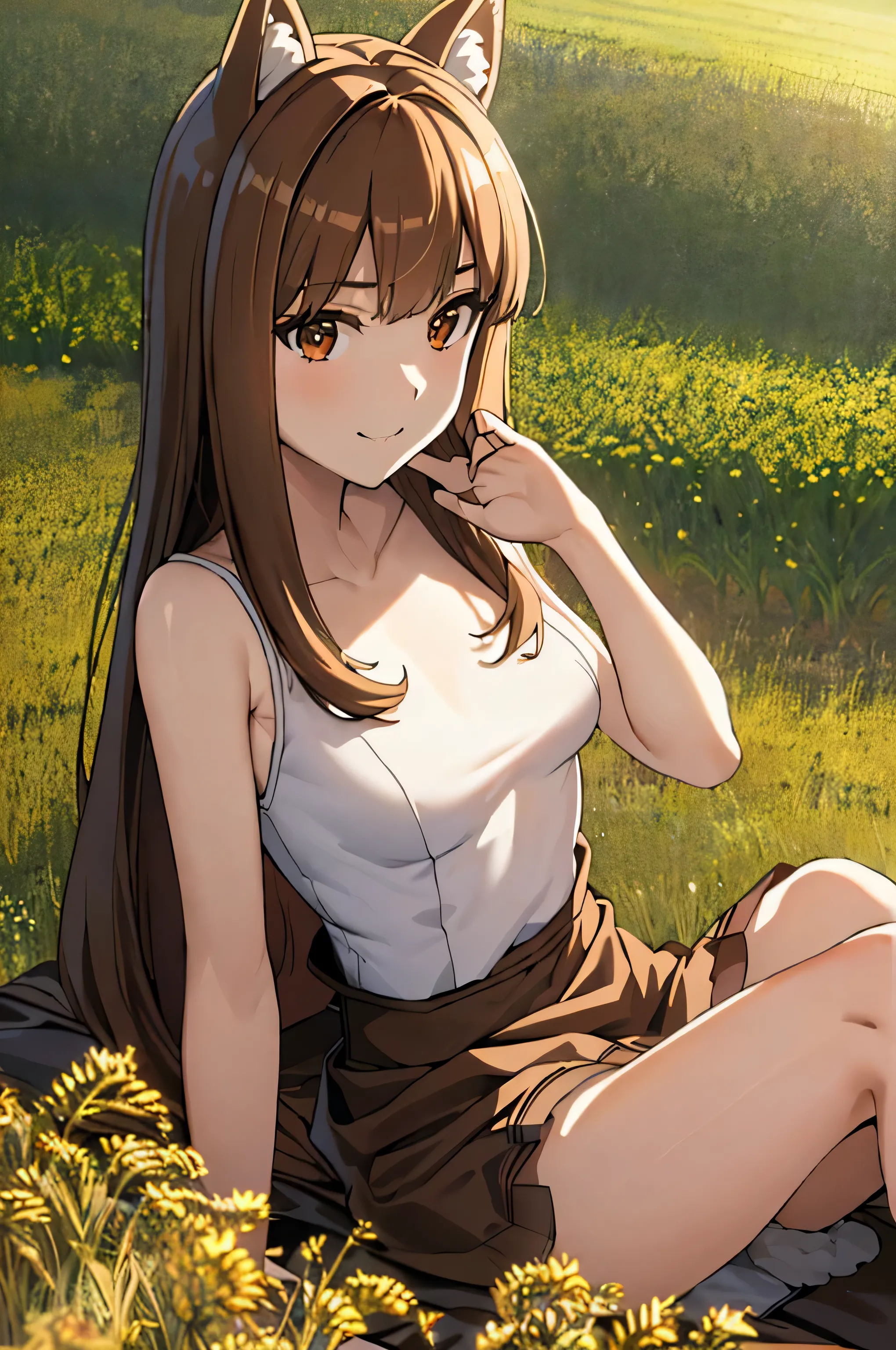 masterpiece, highest quality:1.2), Wheat field, holo, alone,Are standing, (SEXY Pose), Long Hair, Brown Hair, Dog ears, smile, (Large Breasts:1.2), White Mini＿bra, (Panties are visible:1.6, small, White), (mini skirt:1.4, Brown leather), (Fluffy tail grows,From the waist)