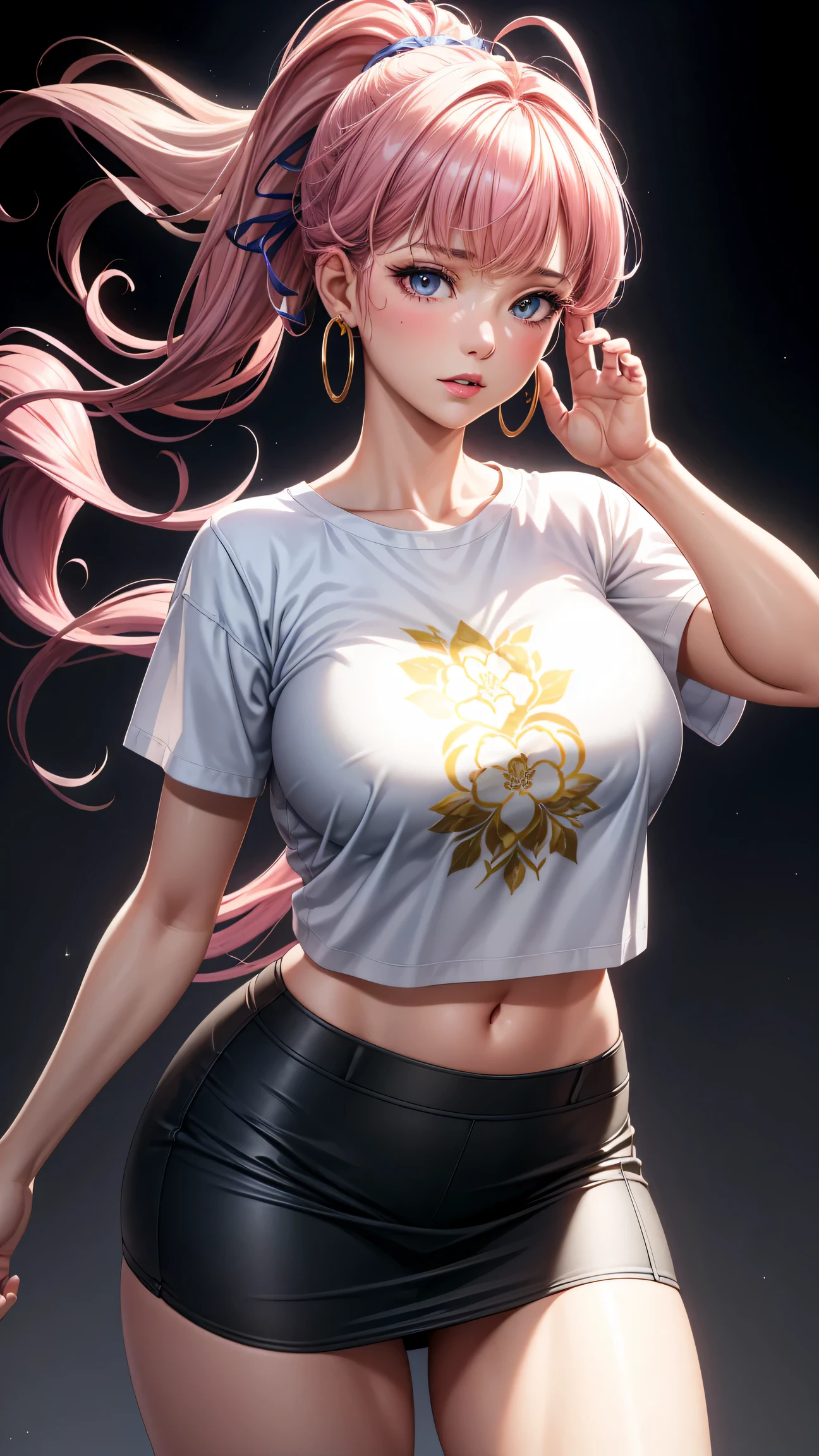 (best quality:1.5, highres, UHD, 4K, detailed lighting, shaders), white curly floral haired, gradient hair, large breasts, suit, T-shirt, social shirt, short skirt, mature woman , (pov), white background, colorful eyeshadow, dramatic lighting, sparkling eyes, sensual expression, golden earrings, flowing hair, delicate facial features, soft skin, high cheekbones, urban setting, black background, dont look for the camera, lean forward,  behind  the camera