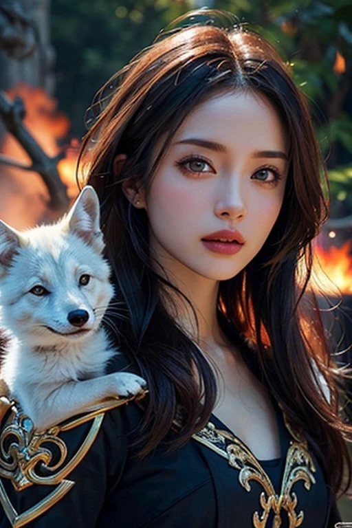 A beautiful woman with red eyes、Posing for an elegant photo with a giant white fox, arpino,Gray Hair,Face to face, Ultra-realistic, Clear images, (highest quality,4K,8k,High range,Master Parts:1.2),Ultra-detailed,(Realistic,Realistic,Photorealistic:1.37),Victoria Beckham,sexy,hide, Warrior,Ornate Armor,Fighting the Dragon,night,Burning Forest,Vibrant colors,Portrait,Sharp focus,Beautiful and fine details,Beautiful lip detail,Highly detailed eyes and face,Long eyelashes,Bright sword light,Spooky atmosphere,Burning Destruction,Brave pose,Exquisite details,Majestic,strength and power