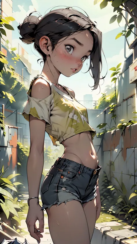 The Urban Ruins of the Wasteland, Female huntress picking fruit in the garden, torn shirt and denim shorts , sweating through, s...